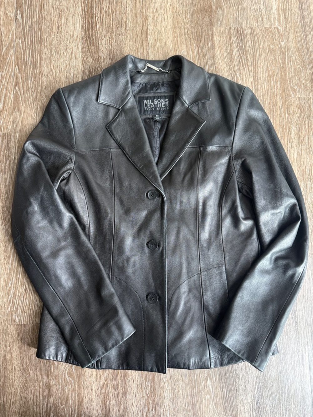 Wilsons Leather Pelle Studio Black Button-Front Vintage Leather Blazer